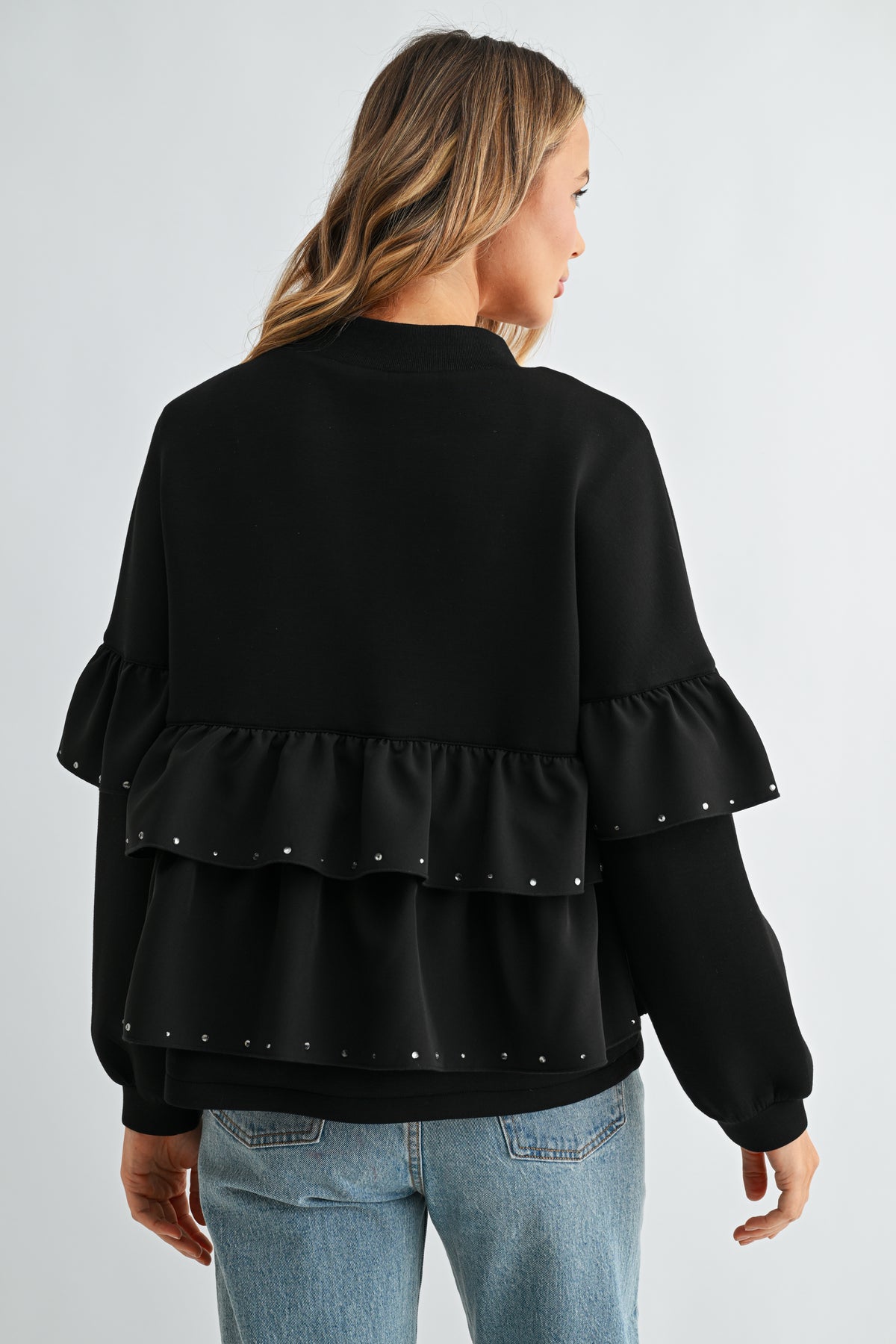 Fenya Stretch French Scuba Ruffle Jacket with Studs