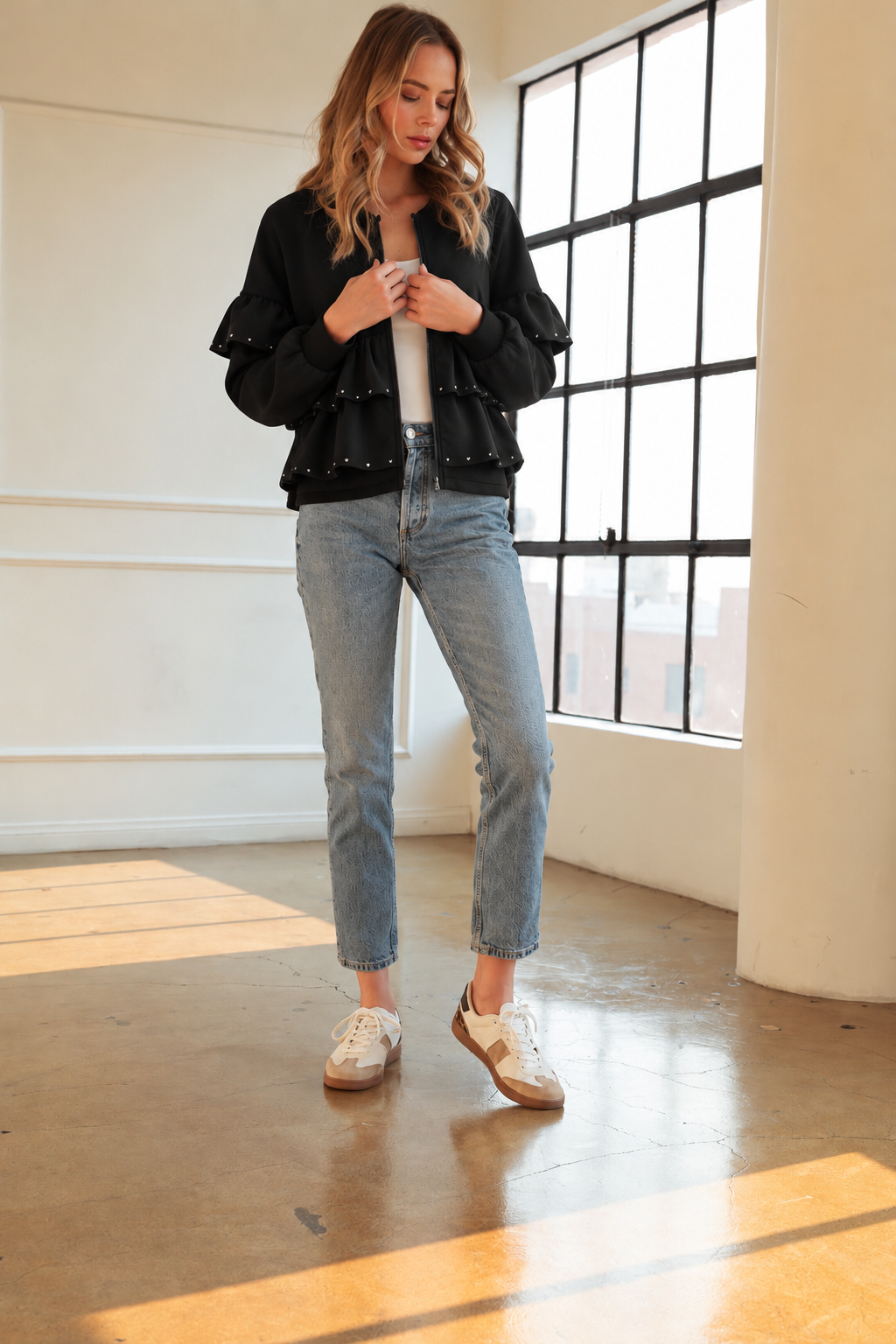 Fenya Stretch French Scuba Ruffle Jacket with Studs