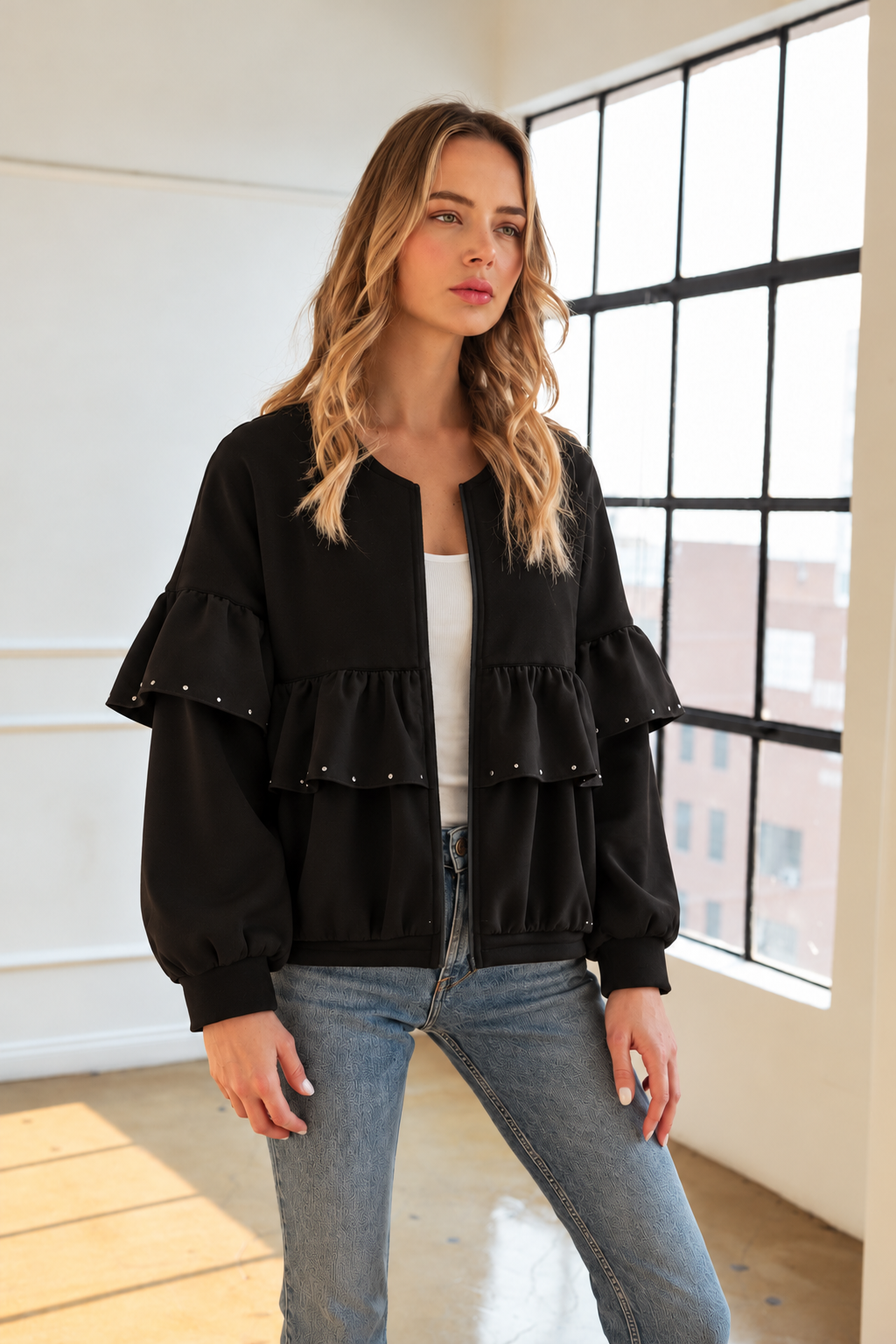 Fenya Stretch French Scuba Ruffle Jacket with Studs