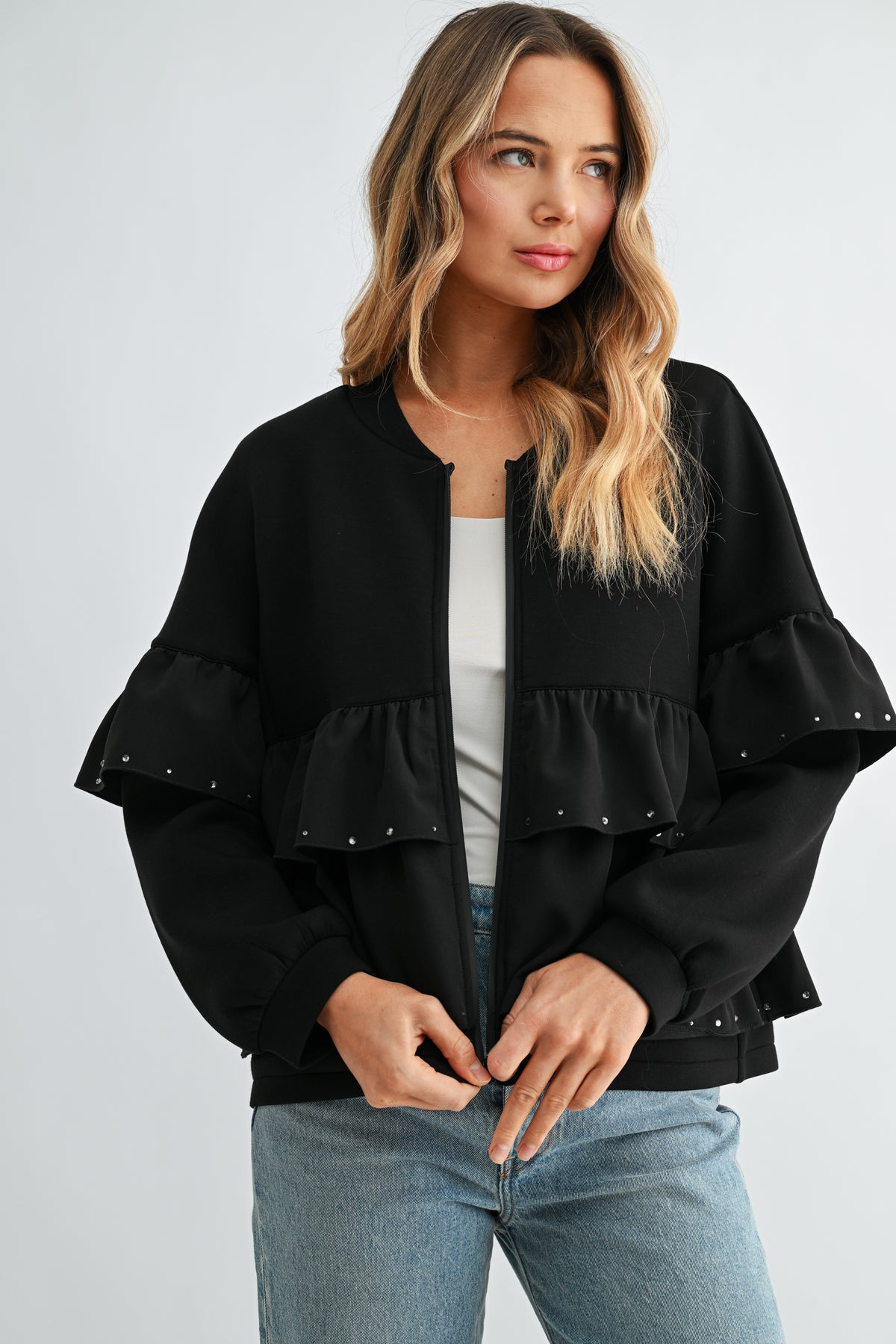Fenya Stretch French Scuba Ruffle Jacket with Studs