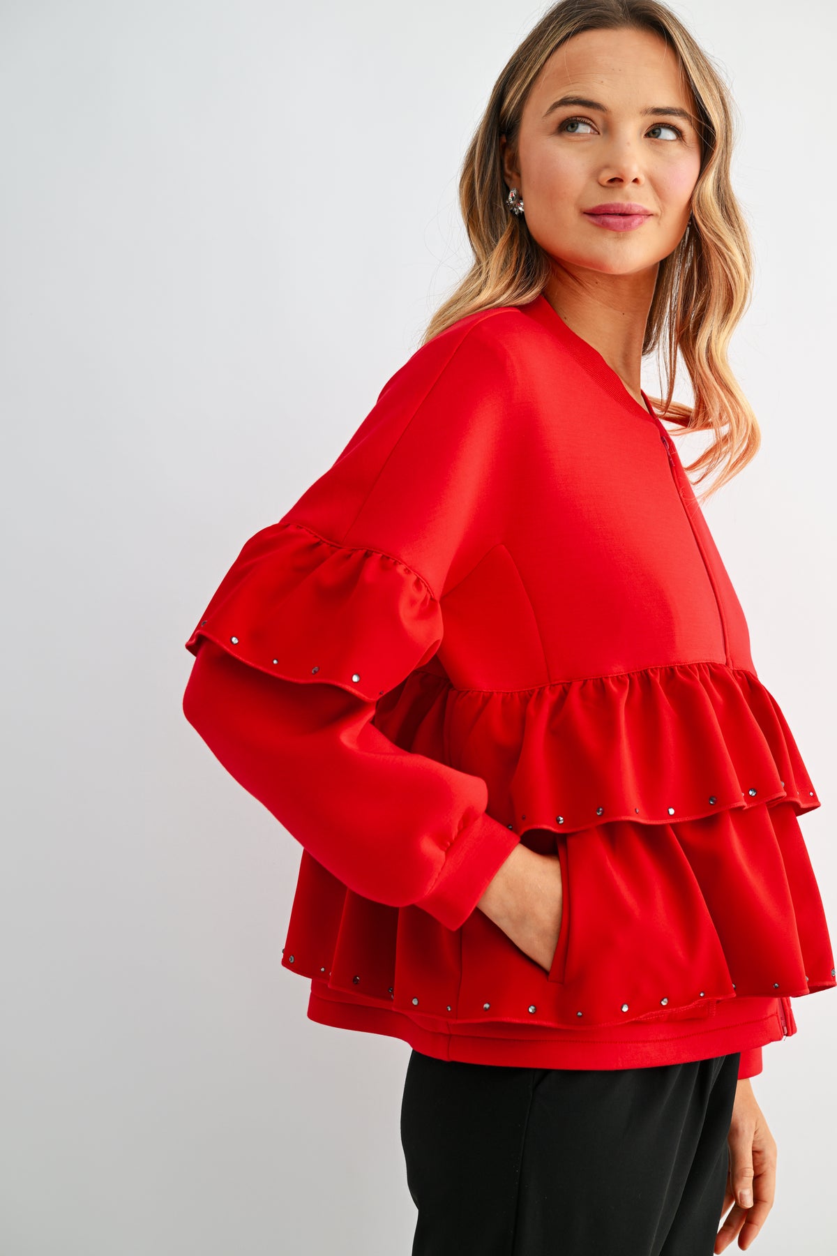 Fenya Stretch French Scuba Ruffle Jacket with Studs
