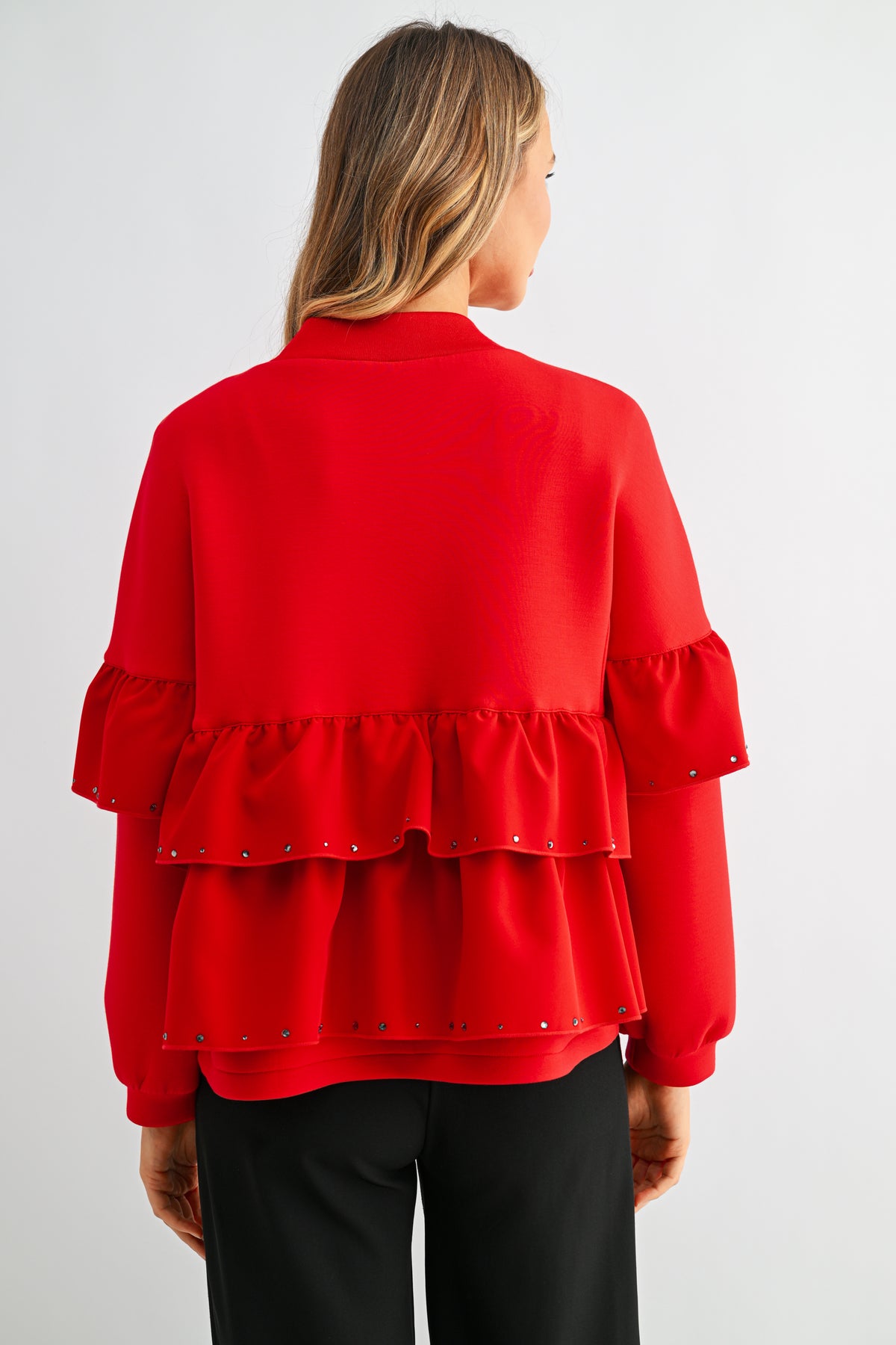 Fenya Stretch French Scuba Ruffle Jacket with Studs