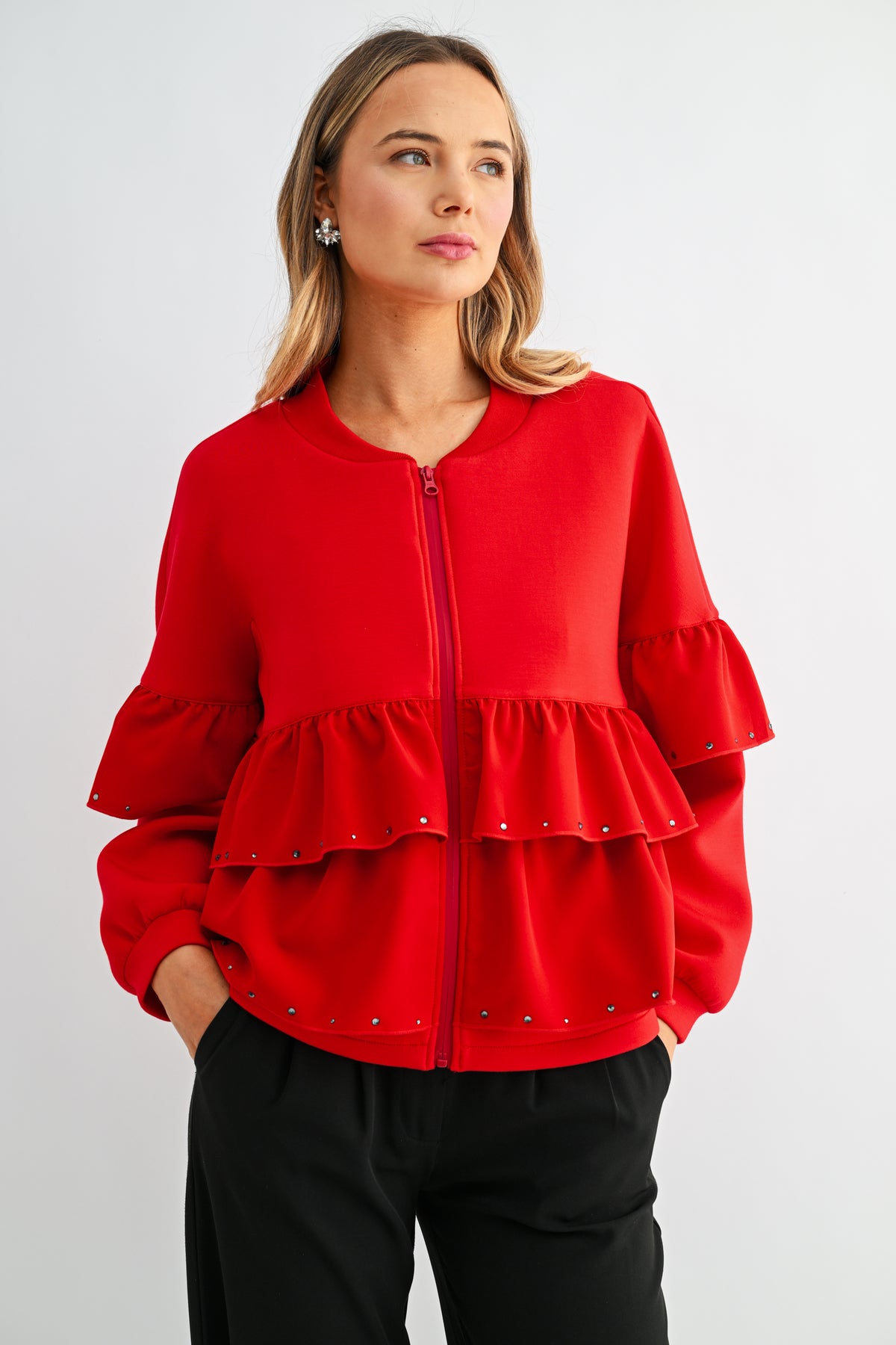 Fenya Stretch French Scuba Ruffle Jacket with Studs
