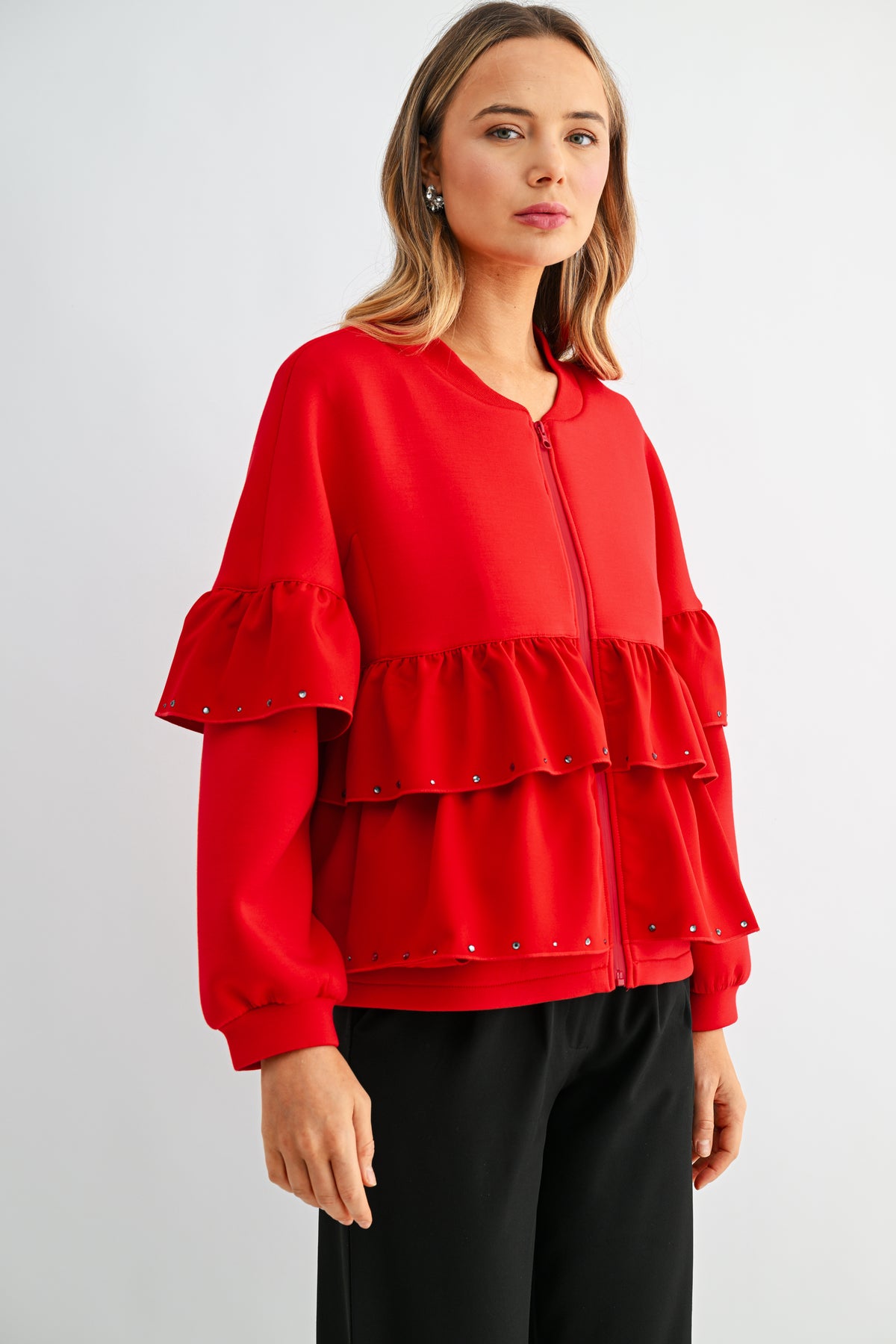 Fenya Stretch French Scuba Ruffle Jacket with Studs