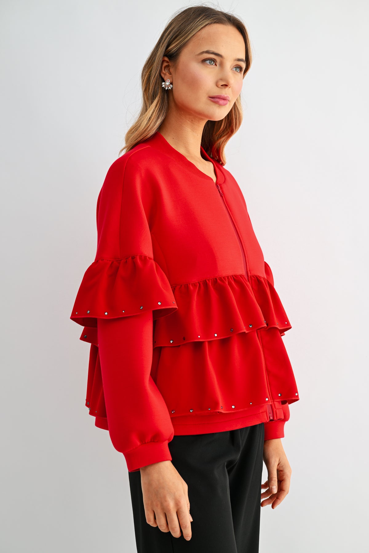 Fenya Stretch French Scuba Ruffle Jacket with Studs