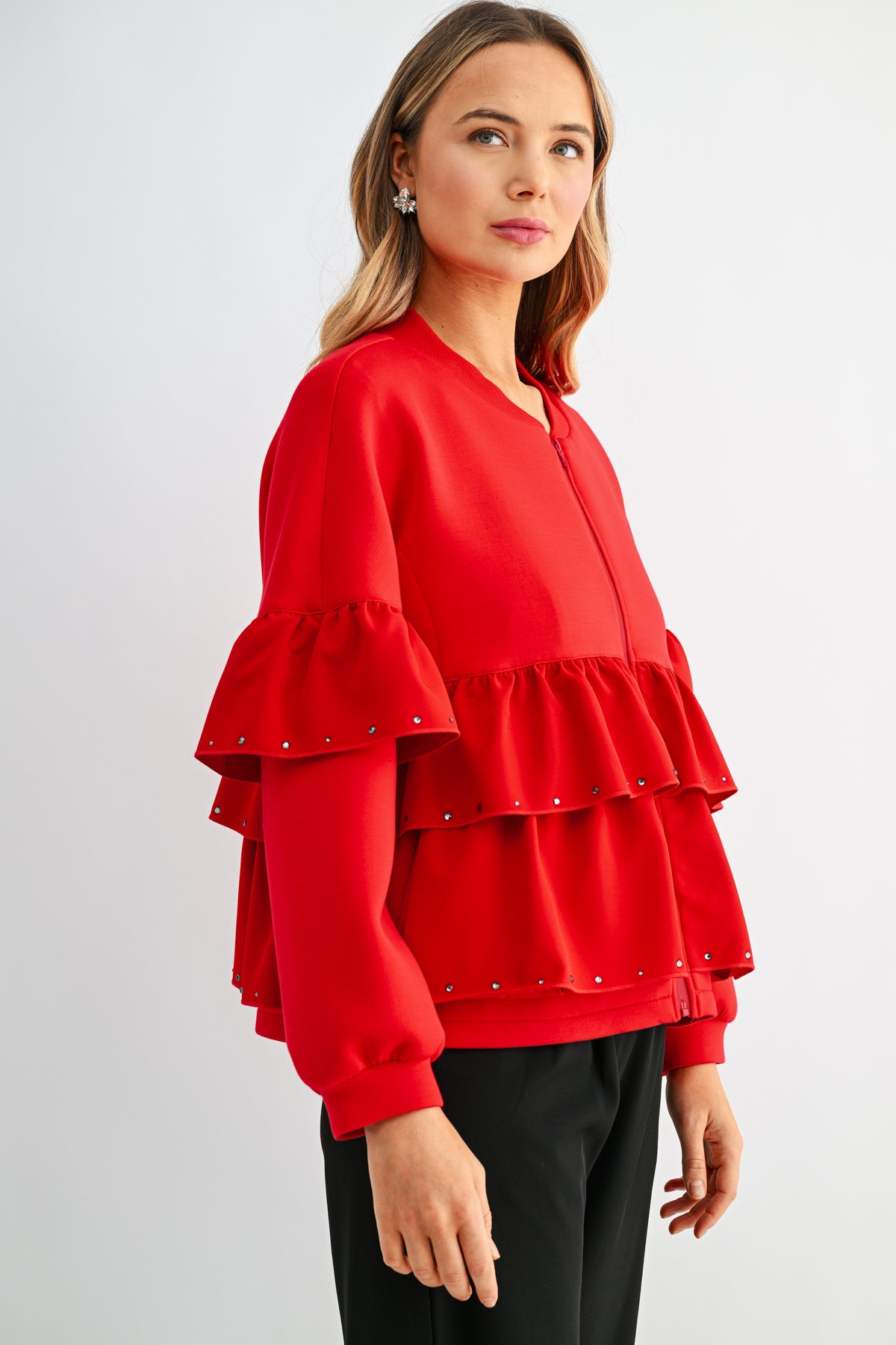 Fenya Stretch French Scuba Ruffle Jacket with Studs