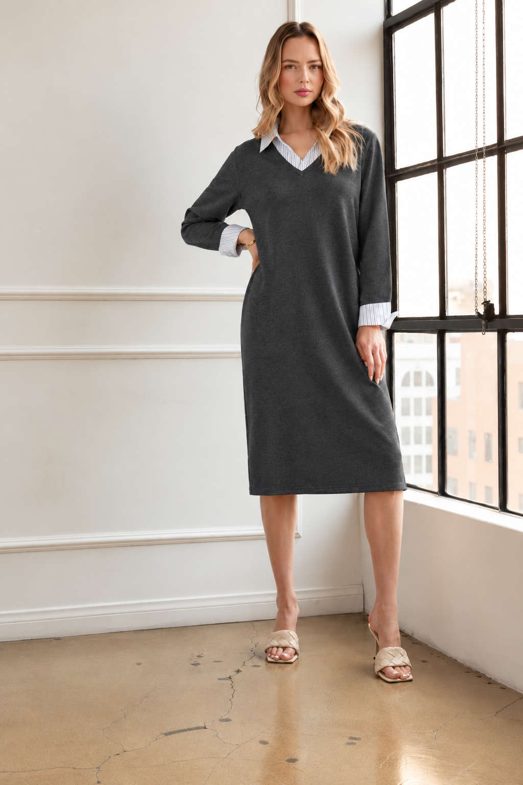 Hugo Stretch Knit & Shirt Collar Dress