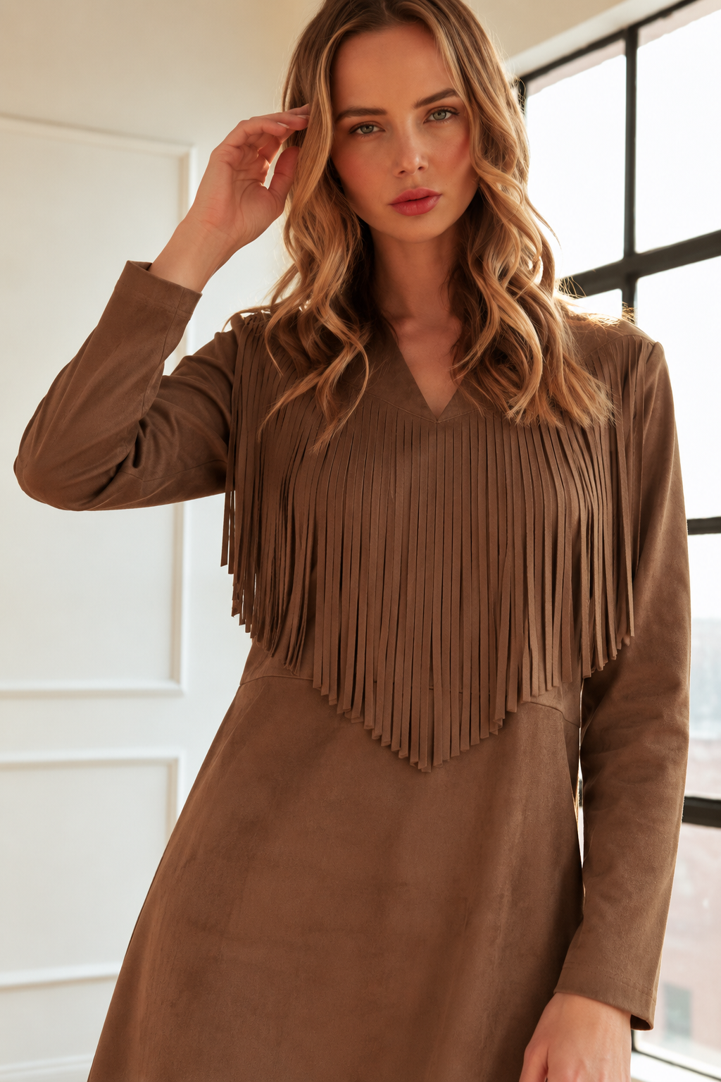 Angie Fringe Stretch Suede Tunic Dress