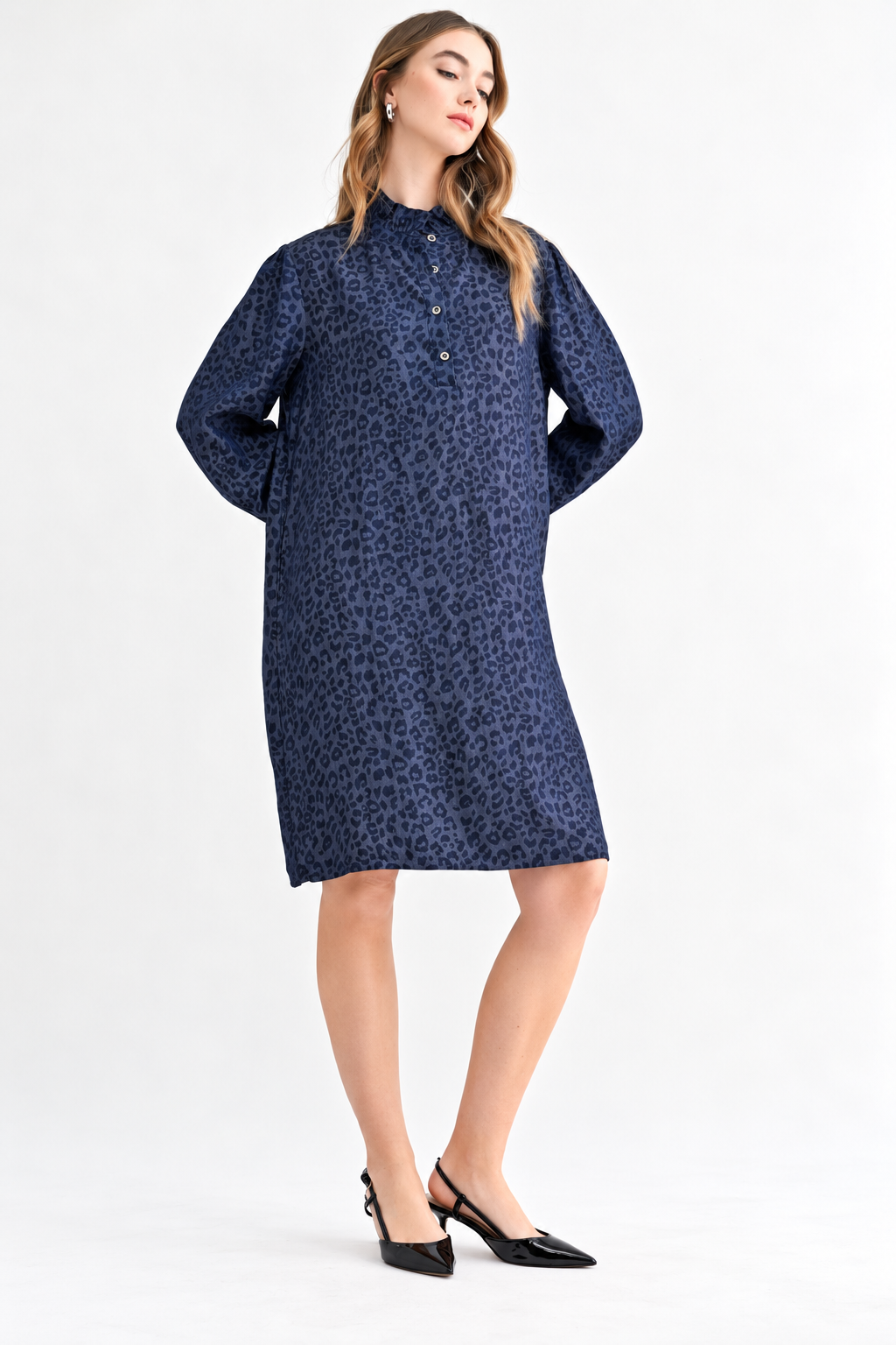 Diana Denim Leopard Print Ruffle Neck Tunic Dress