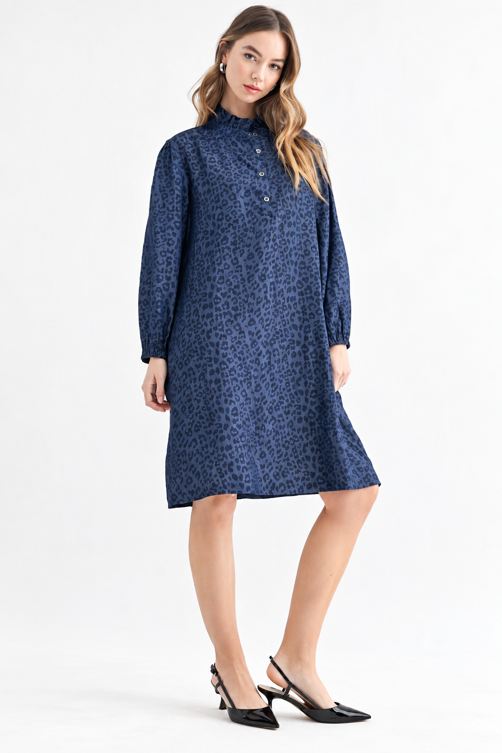 Diana Denim Leopard Print Ruffle Neck Tunic Dress