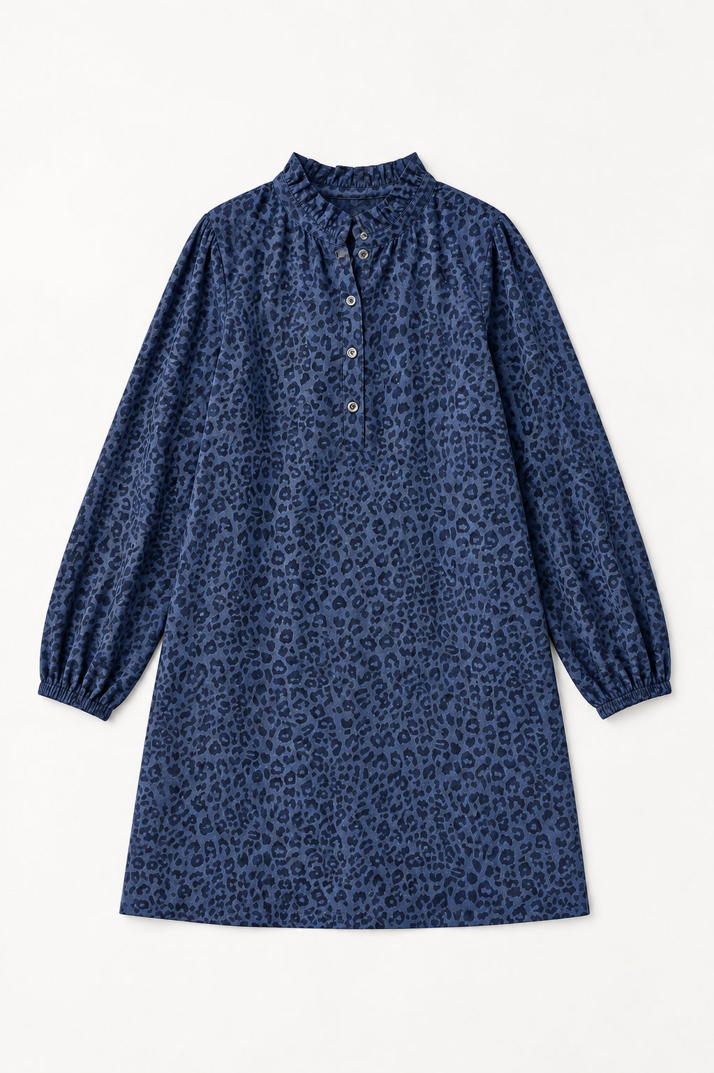 Diana Denim Leopard Print Ruffle Neck Tunic Dress