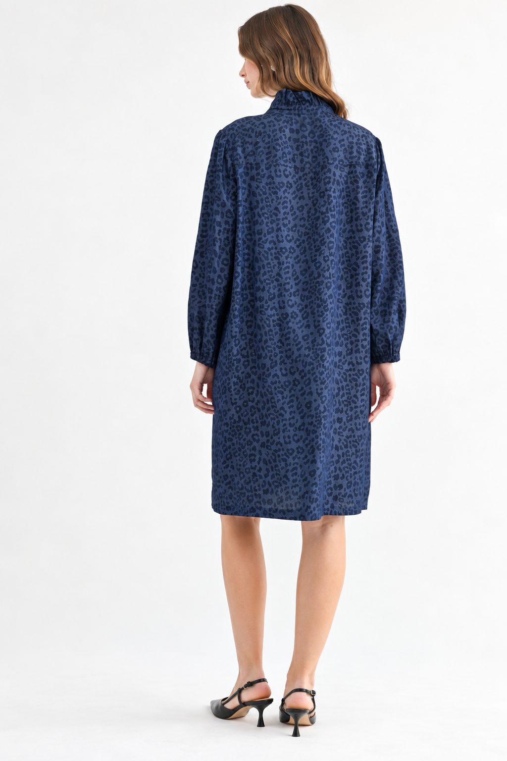 Diana Denim Leopard Print Ruffle Neck Tunic Dress