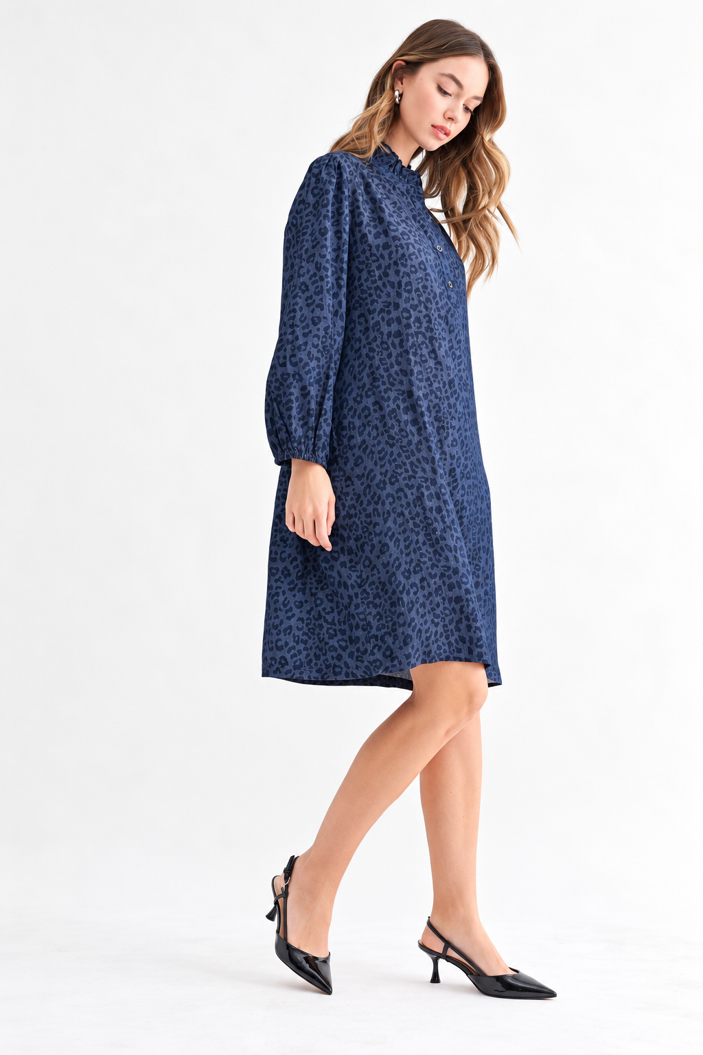 Diana Denim Leopard Print Ruffle Neck Tunic Dress