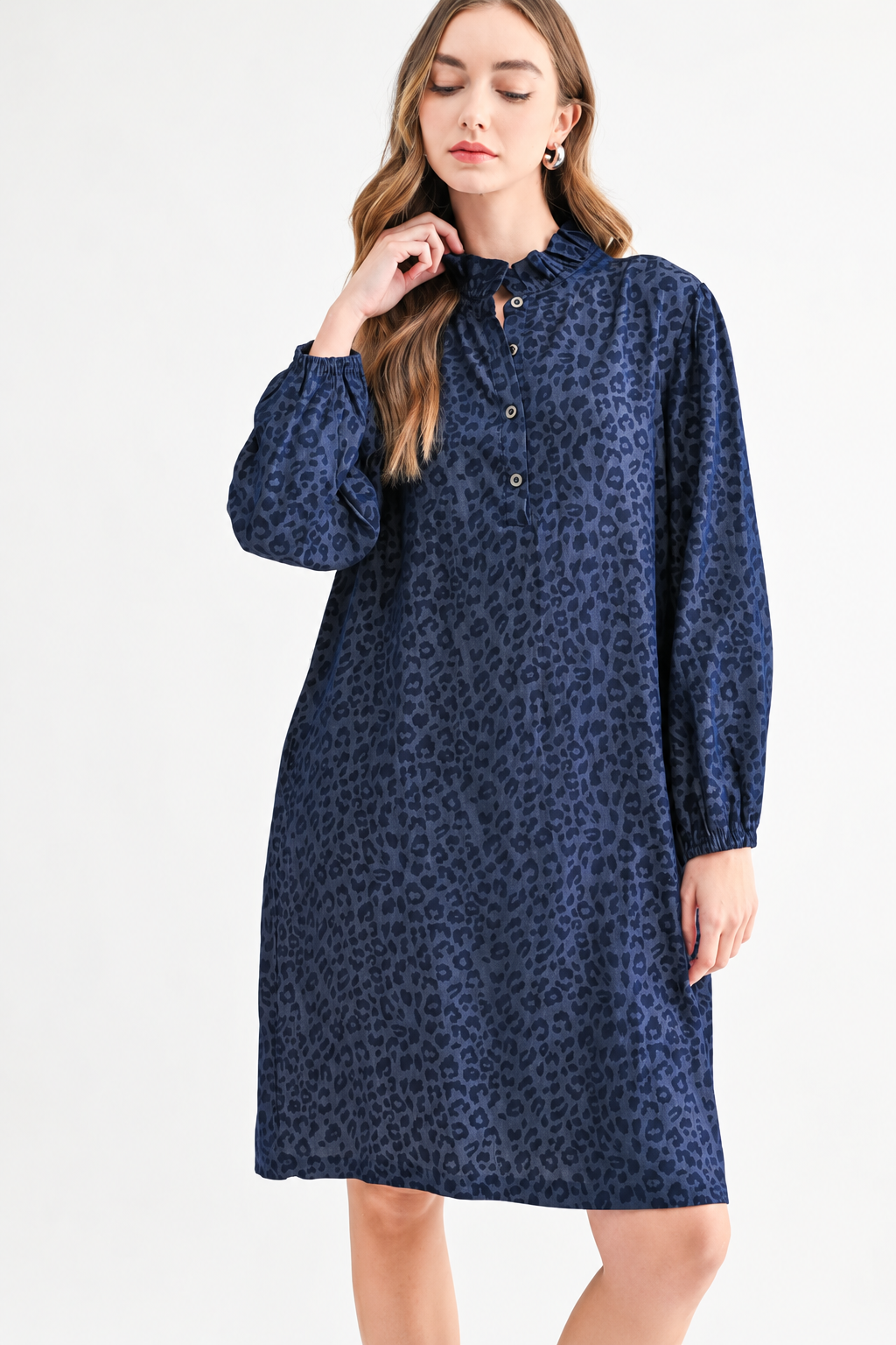 Diana Denim Leopard Print Ruffle Neck Tunic Dress