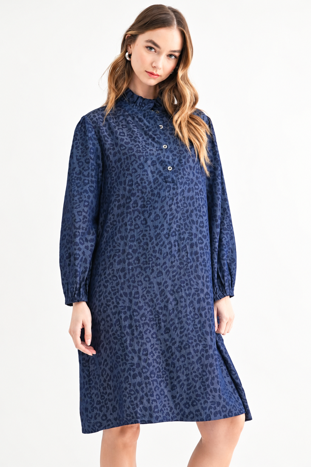 Diana Denim Leopard Print Ruffle Neck Tunic Dress