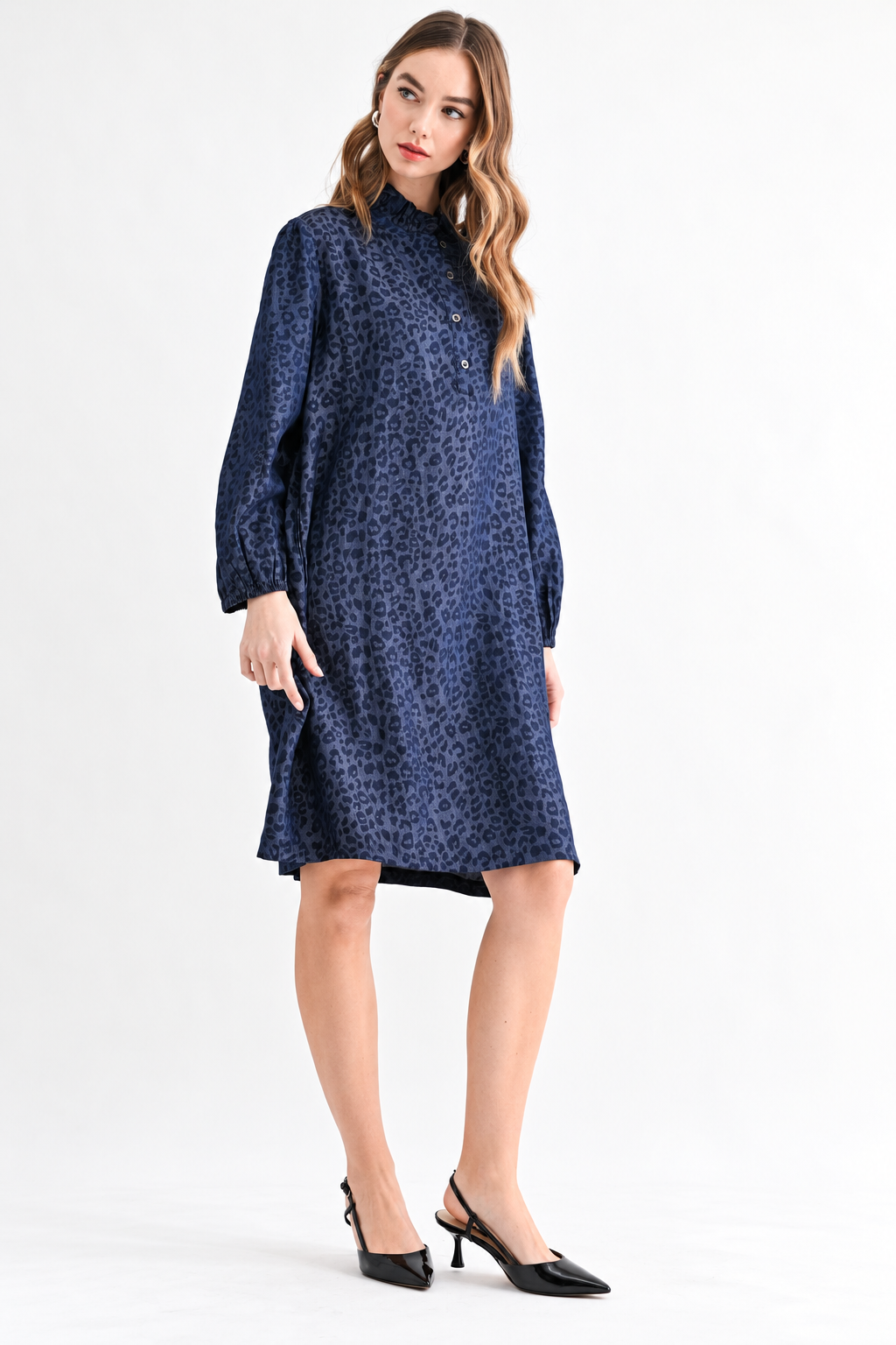 Diana Denim Leopard Print Ruffle Neck Tunic Dress