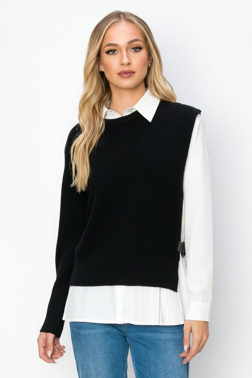Wyatt Cotton Pleated Shirt with Knitted Sweater