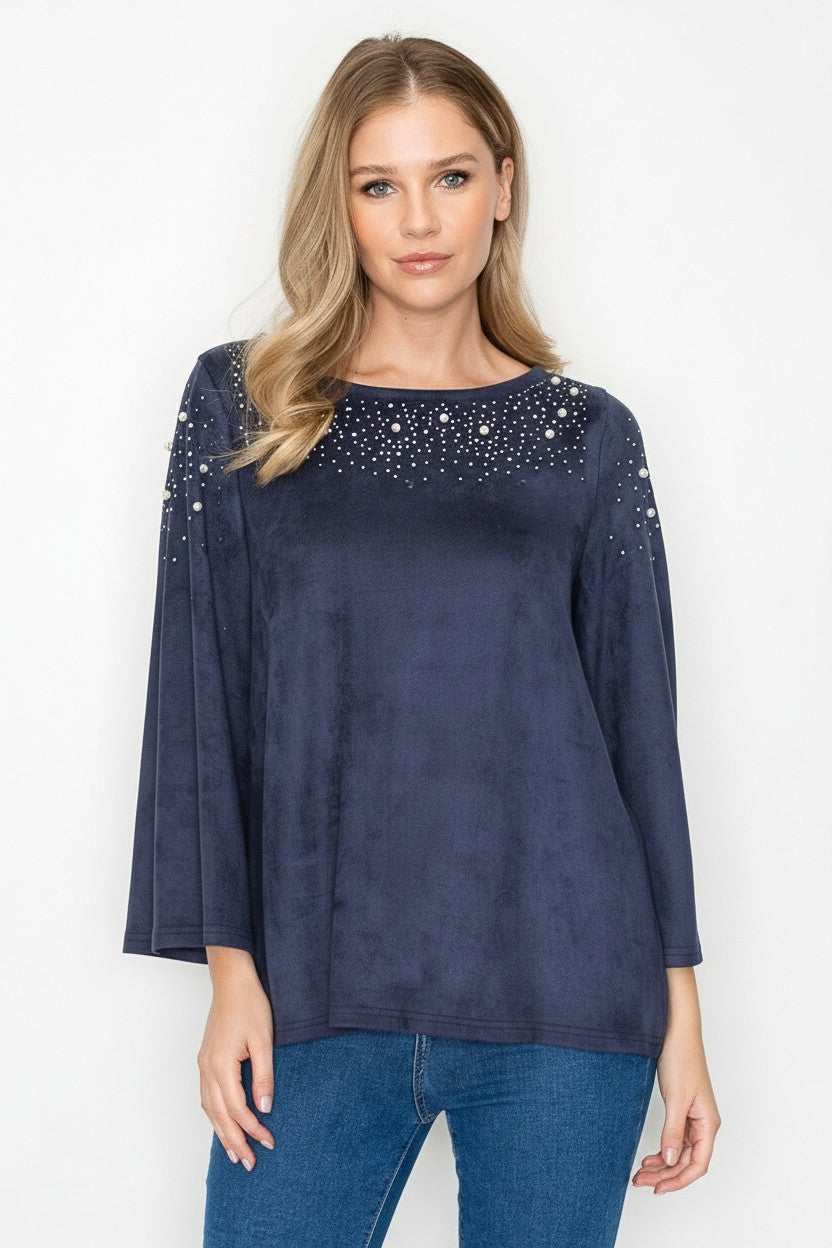 Annie Stretch Suede Top with Studs & Pearls