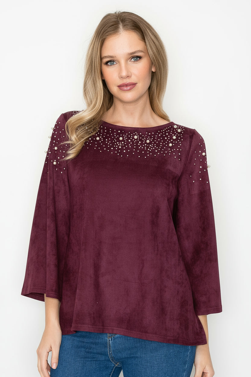 Annie Stretch Suede Top with Studs & Pearls