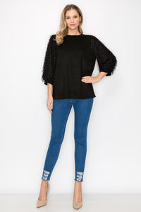 Abby Suede Top with Feathered Sleeves