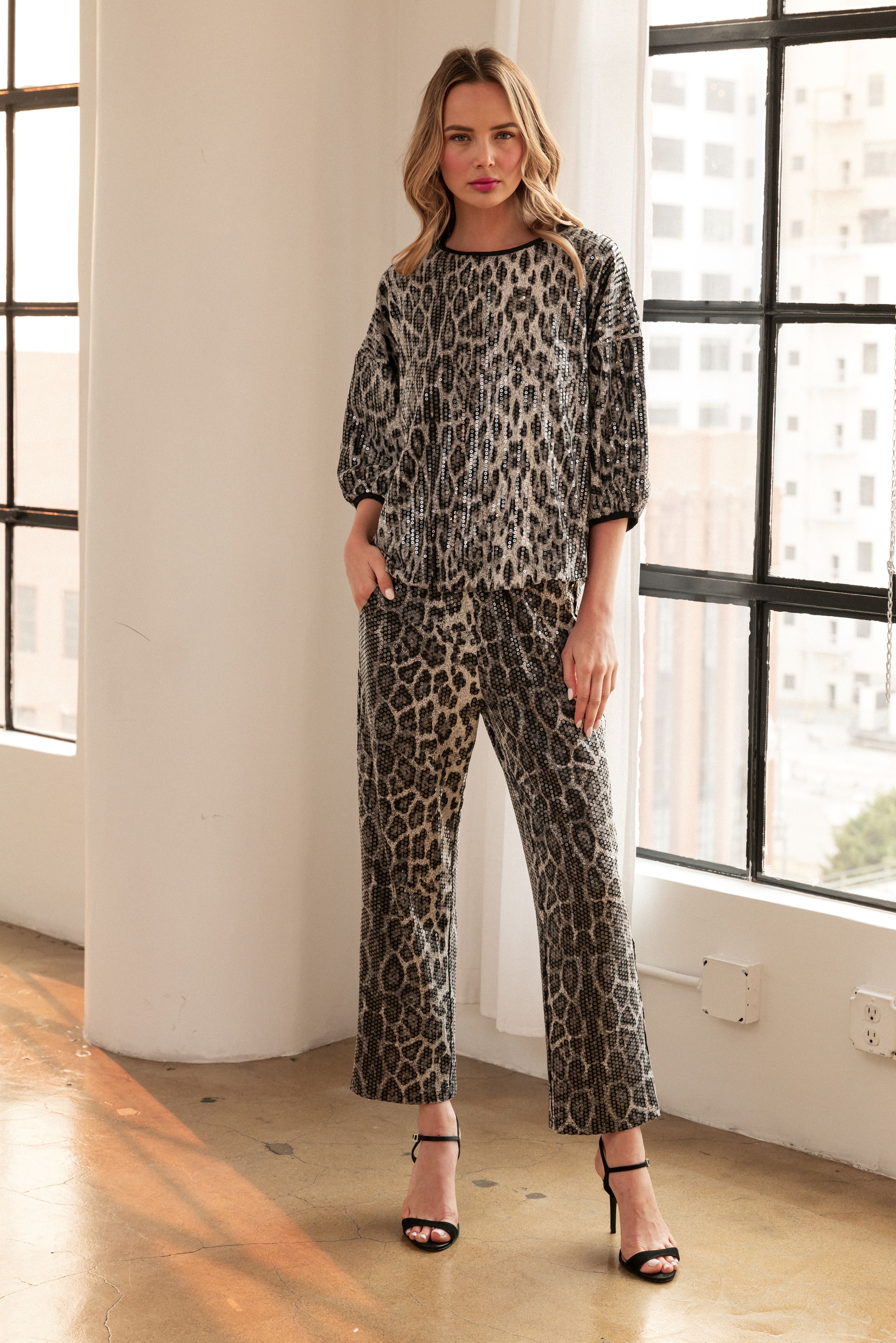 Jelica Sequin Animal Print Top