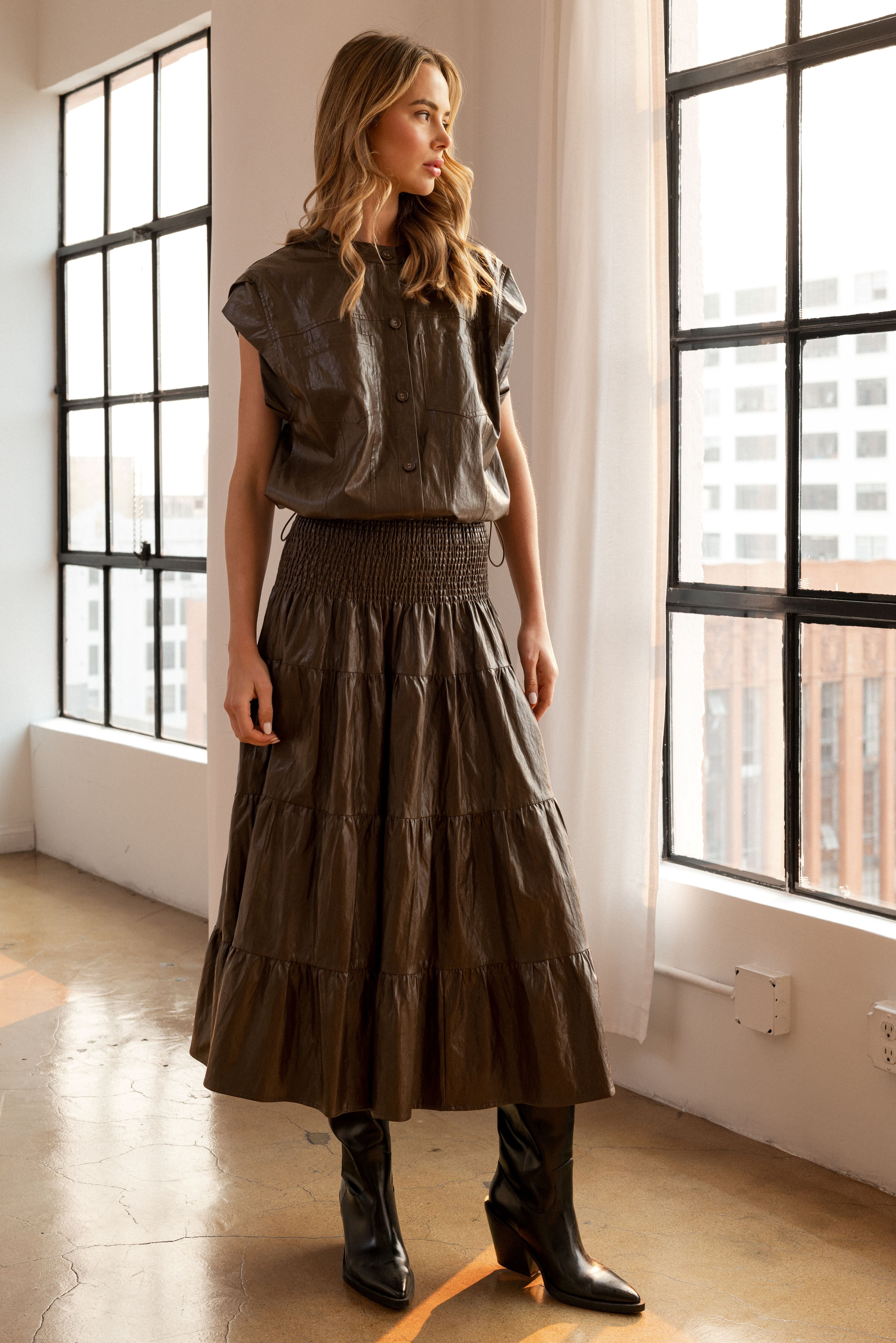 Lorena Tiered Leather Skirt