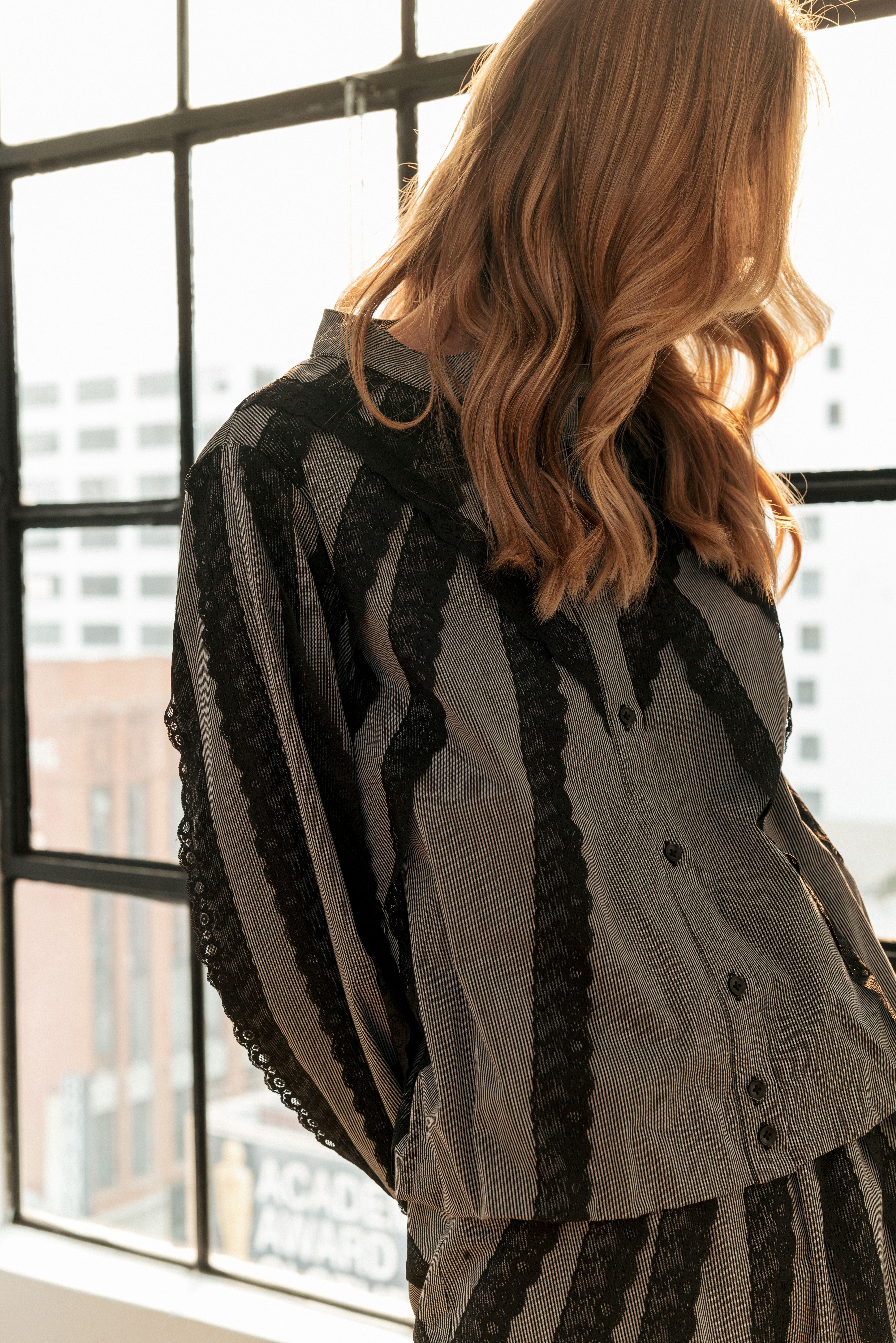 Jeanna Woven Stripe Top with Lace