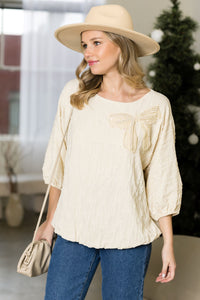 Walynn Woven Top with Pearl Ribbon Bow