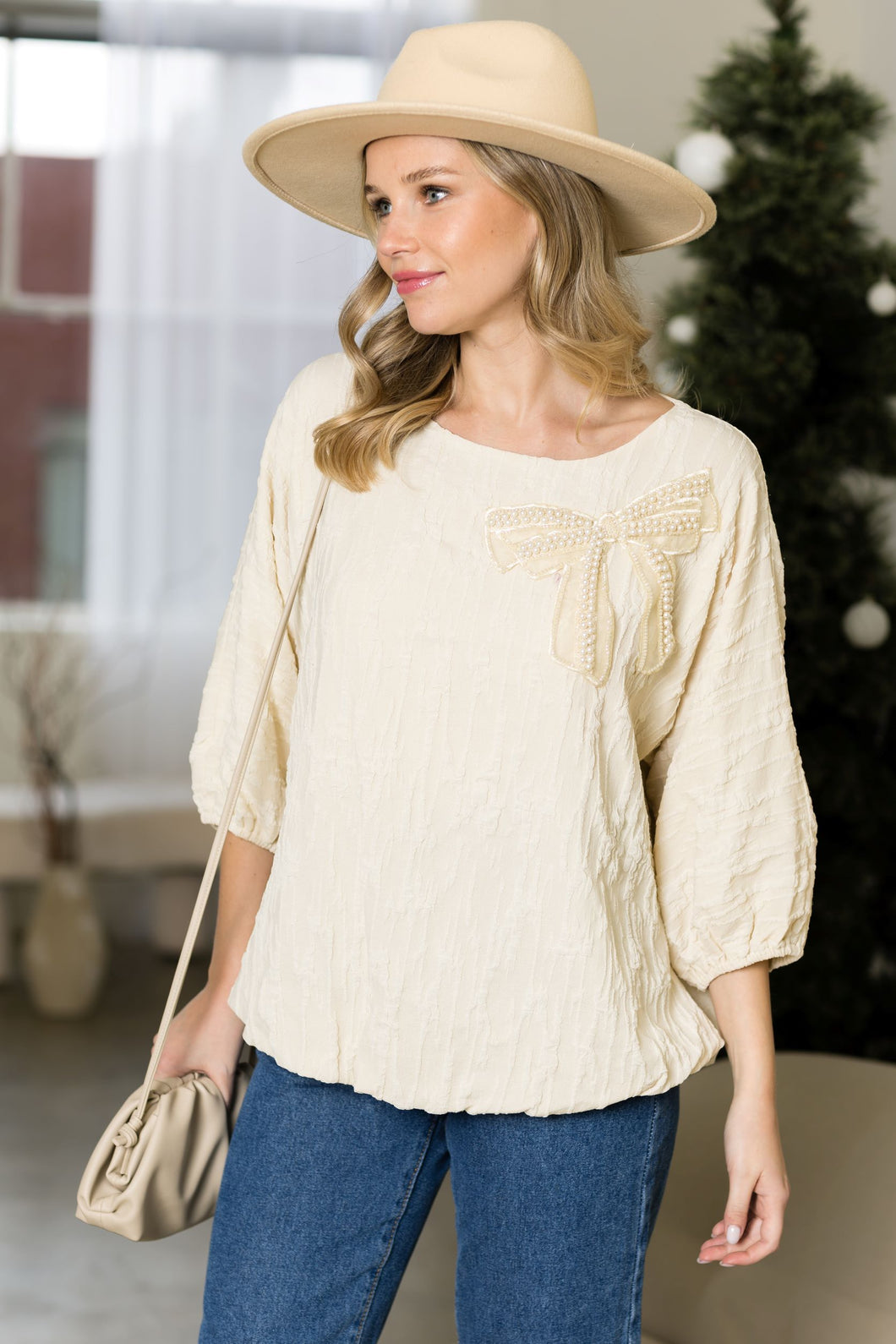 Walynn Woven Top with Pearl Ribbon Bow