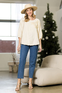 Walynn Woven Top with Pearl Ribbon Bow