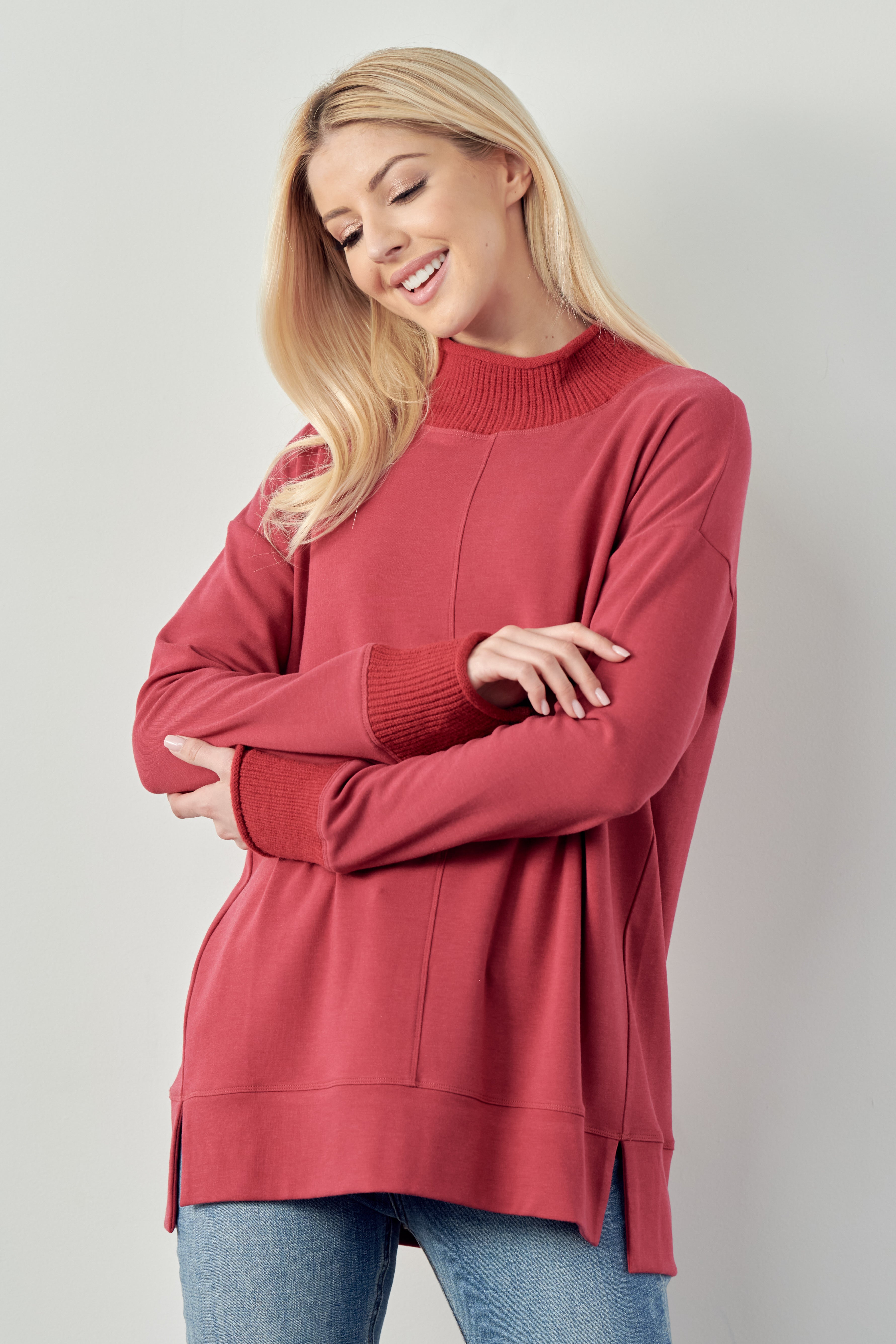Felisa Knit Top with Ribbed Mock Neck
