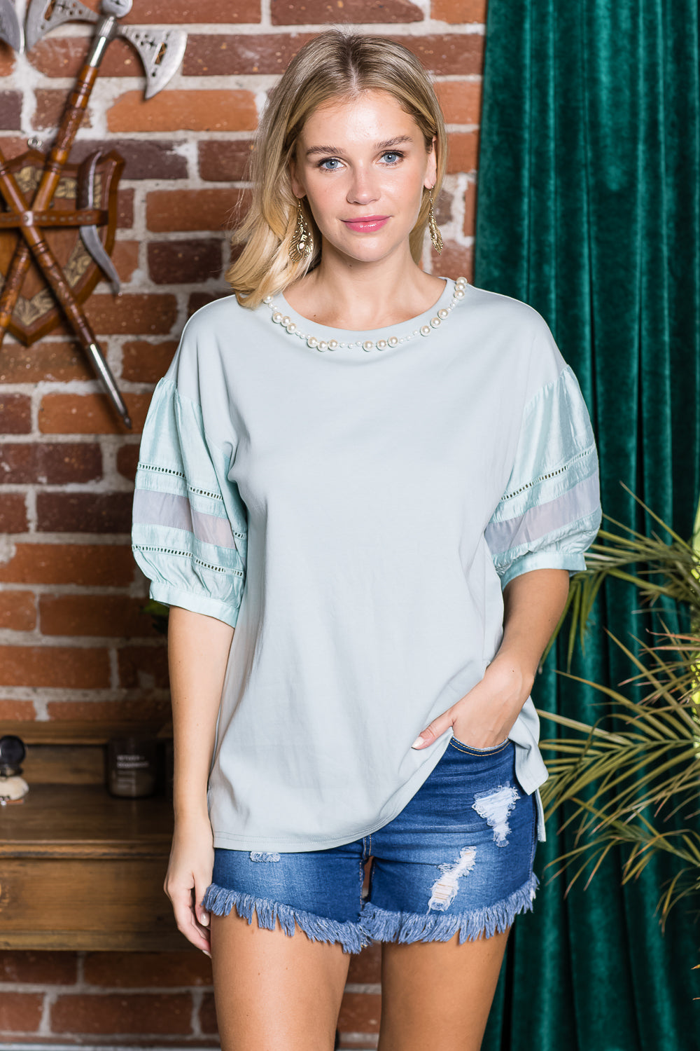 Reesa Pointe Knit Top with Pearls
