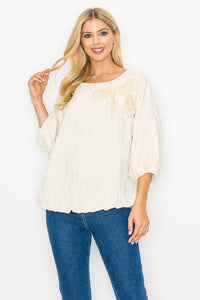 Walynn Woven Top with Pearl Ribbon Bow