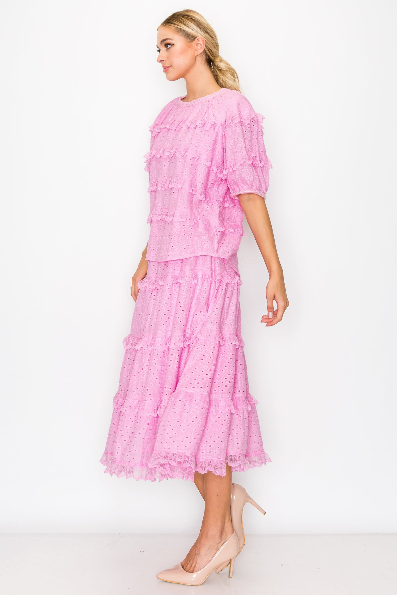 Pink Ruffle Sleeved Dress - Lizzie in Lace