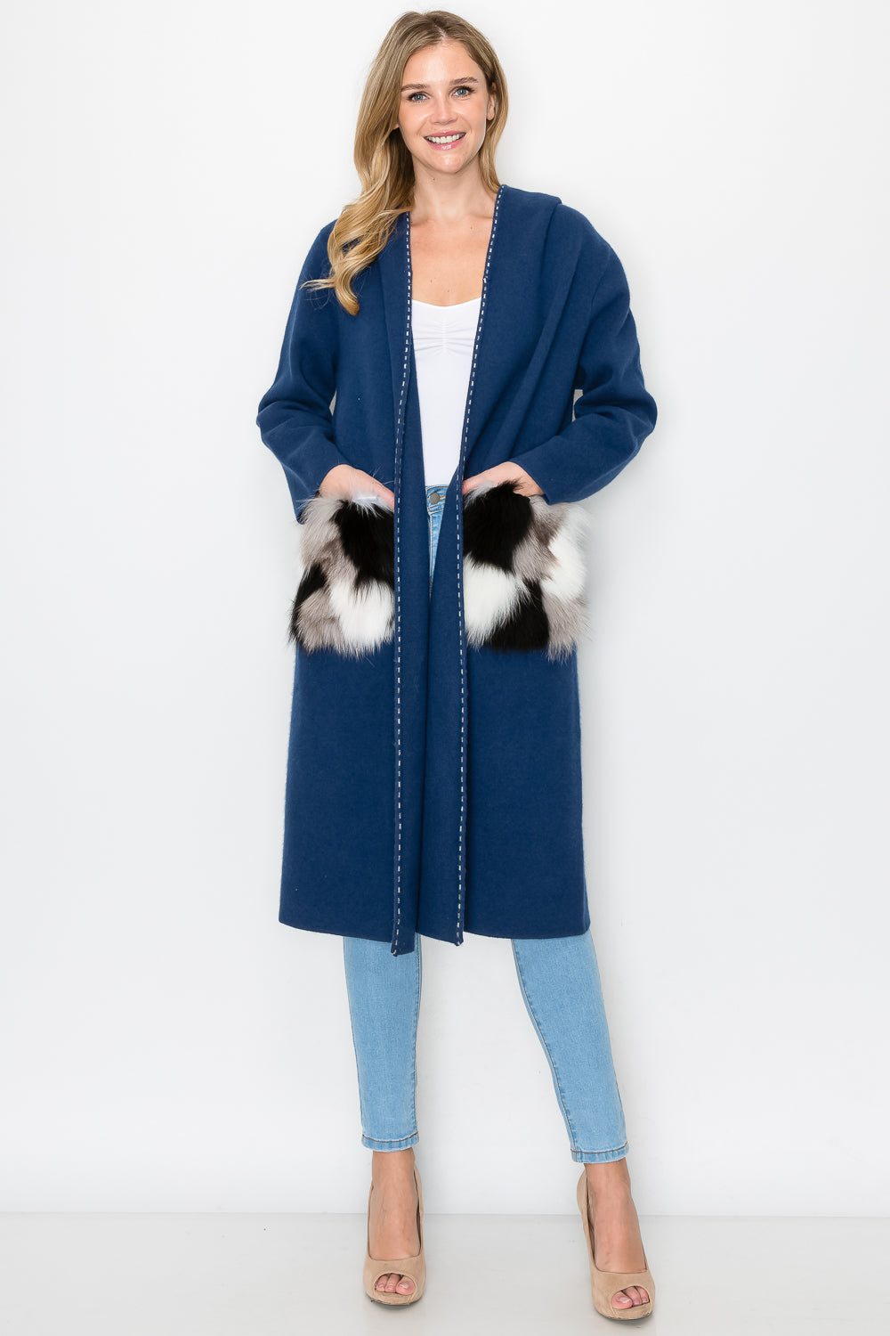 Stella Knitted Sweater Coat with Faux Fur Pockets