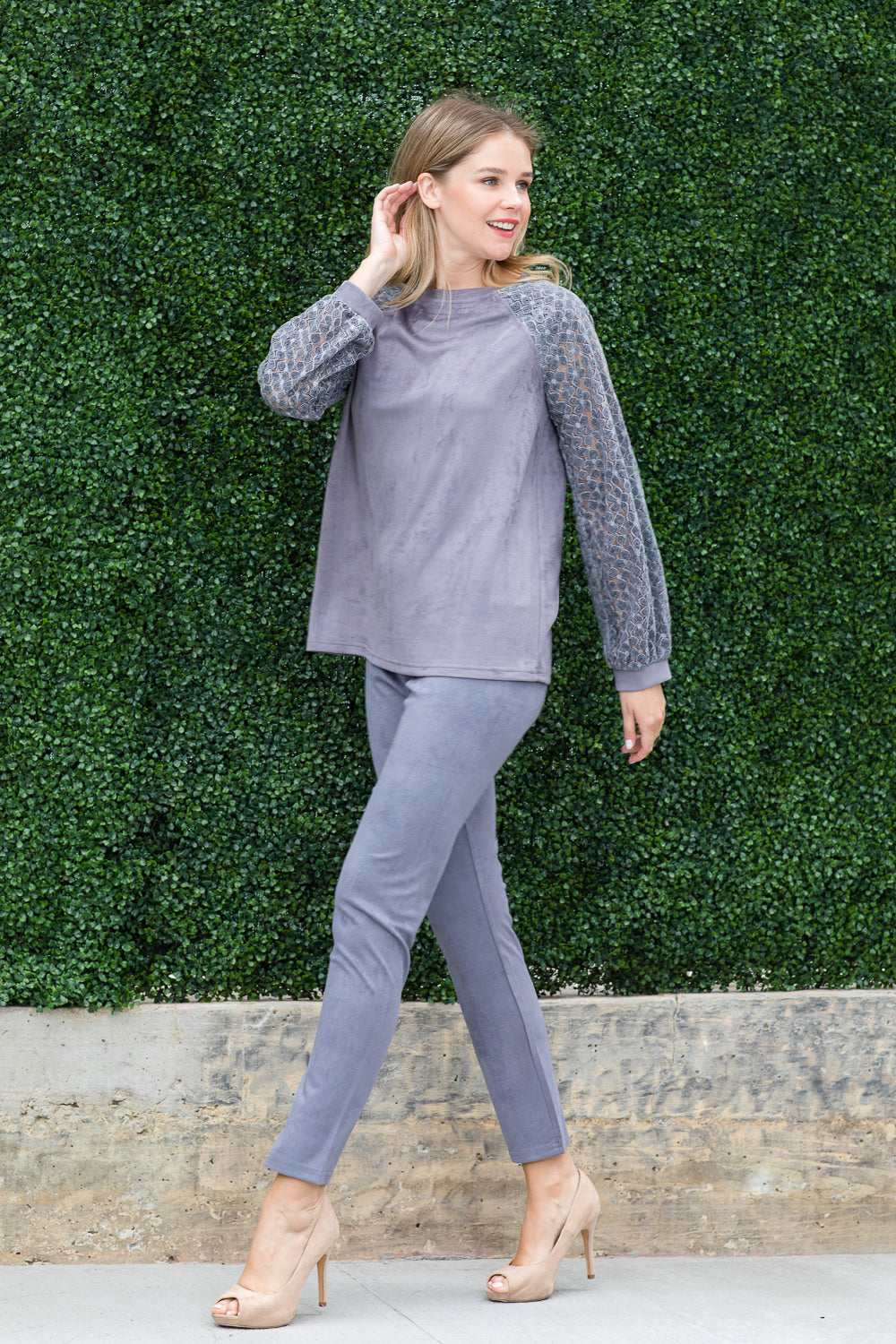 Alura Suede Top with Lace Sleeves