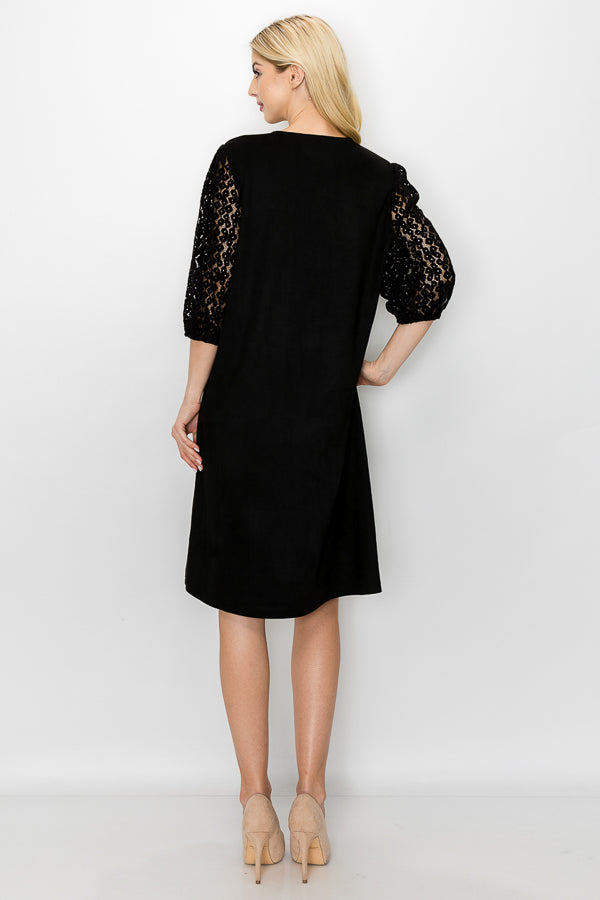 Angie Suede Dress with Crochet Lace Sleeves