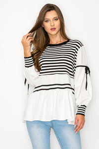 Reva Knitted Stripe Top with Cotton Poplin