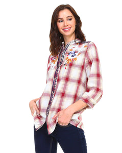 Penelope Cotton Plaid Top with Embroidery