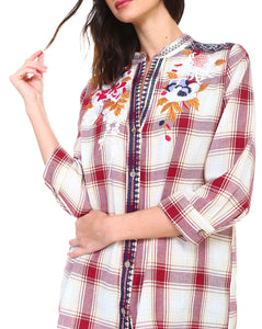 Penelope Cotton Plaid Top with Embroidery